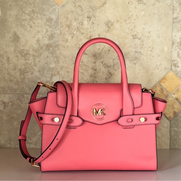 Michael Kors Carmen Medium Flap Satchel Shoulder Crossbody Bag Tea Rose - Picture 1 of 13